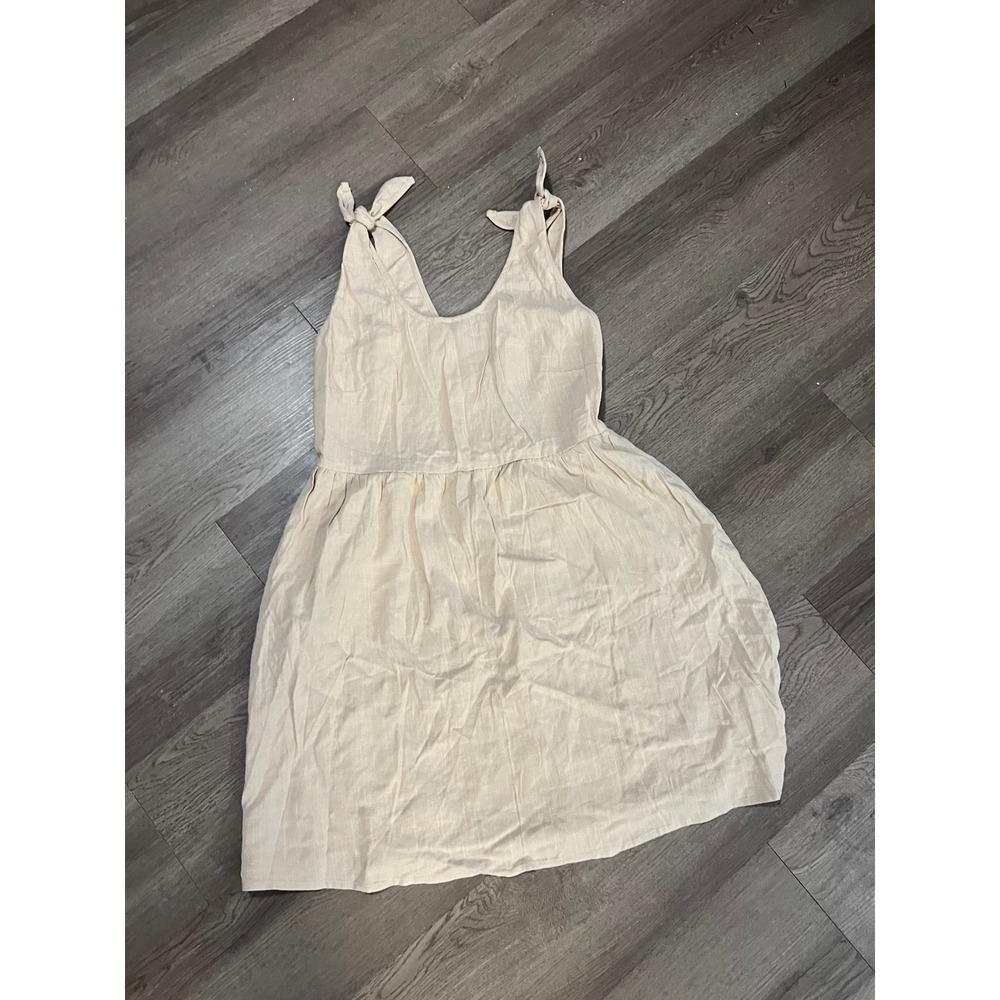Khaki Linen Blend Tie Shoulder Mini Dress Sleeveless Scoop Neck Tan RB7003 Small